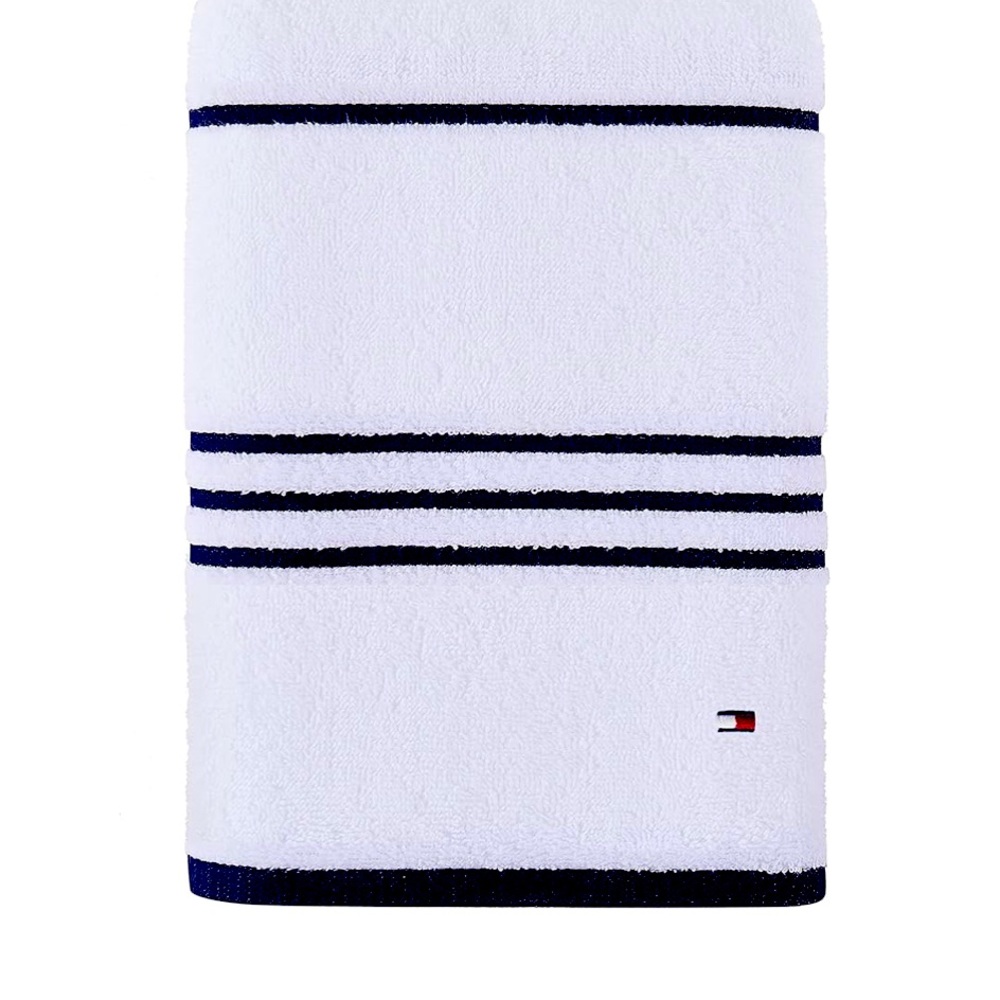 Tommy Hilfiger All American Stripe towels, white with Navy Trim